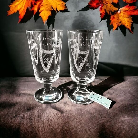 Eamon Irish Coffee Glass Set Pair Stemmed Etched Harp Shamrocks Hand Etched. - Picture 1 of 16